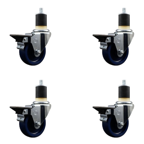 3.5'' Solid Poly Swivel 1-7/8'' Expanding Stem Caster Set with Brake, 4PK